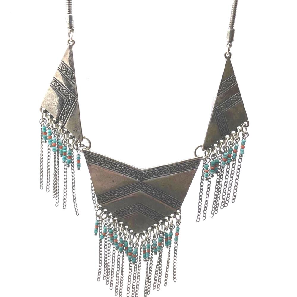 Southwestern Style Necklace with Blues orange Beads with chains Accent Boho Y2K
